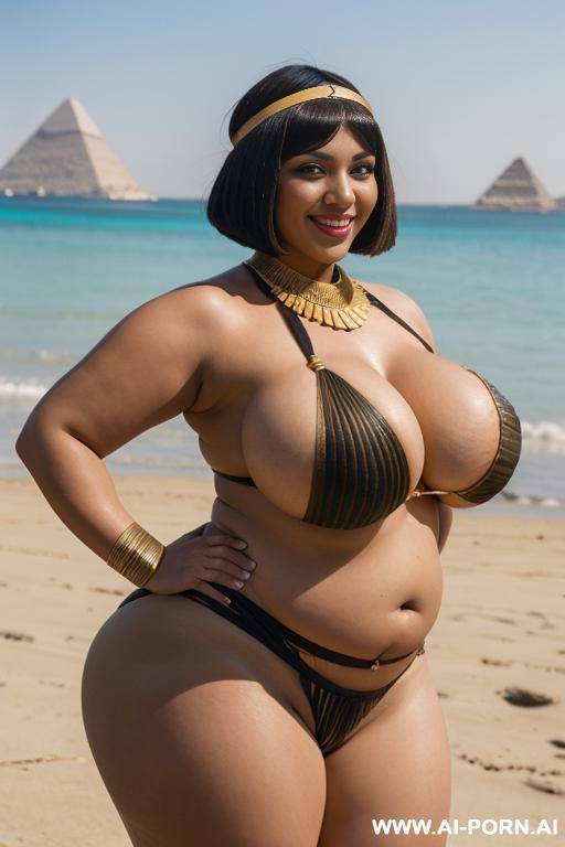 egyptian queen wearing loincloth, (bobcut hairstyle), (((massive huge breasts))), full body view, photorealistic, ((chubby woman)), ((wide hips)), ((huge butt)), beach, smiling, (hairband), (showing armpit) - #main