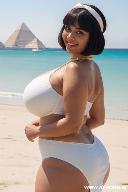 egyptian queen wearing white dress, (bobcut hairstyle), (((massive huge breasts))), full body view, photorealistic, ((chubby woman)), ((wide hips)), ((huge butt)), beach, smiling, (hairband), (showing armpits), ((closeup view)) - #main