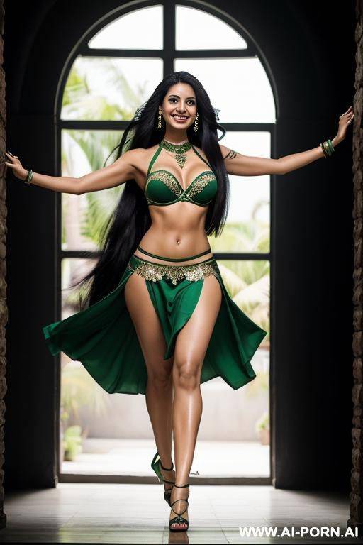 indians, black hair, long straight hair, abs, fit, one arm raised, navel piercing, green bra, green skirt, tall, looking at camera, full body, stiletto - #main