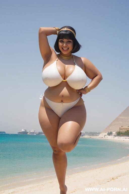 egyptian queen wearing white dress, (bobcut hairstyle), (((massive huge breasts))), full body view, photorealistic, ((chubby woman)), ((wide hips)), ((huge butt)), beach, smiling, (hairband), (showing armpits), ((jumping)) - #main