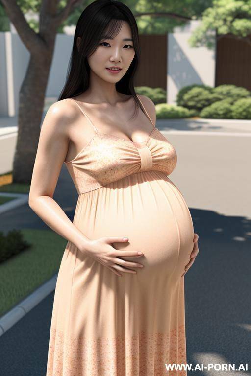 japanese woman, ((detailed face)), pregnant, wearing a sundress, posing outside, (photorealistic) - #main