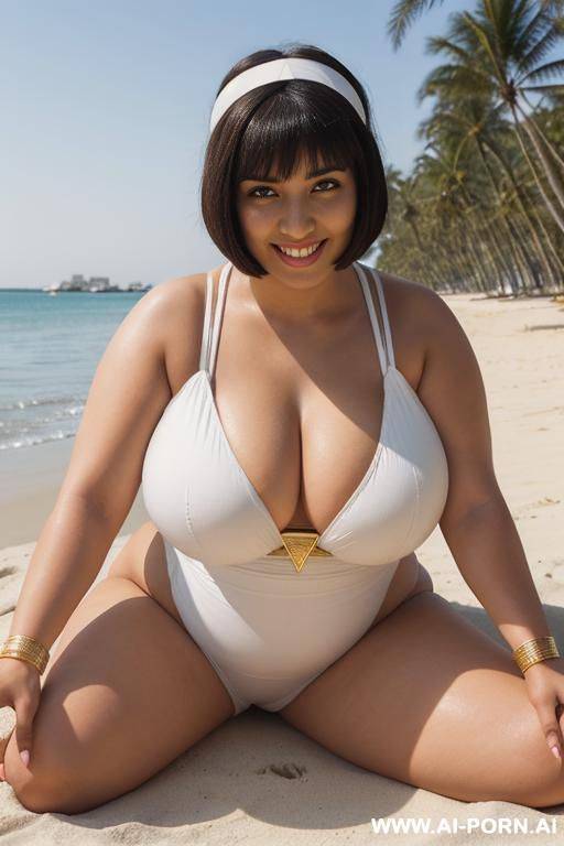 egyptian queen wearing white dress, (bobcut hairstyle), (((massive huge breasts))), lower body view, photorealistic, ((chubby woman)), ((wide hips)), beach, smiling, (hairband), (showing toes), ((closeup - #main