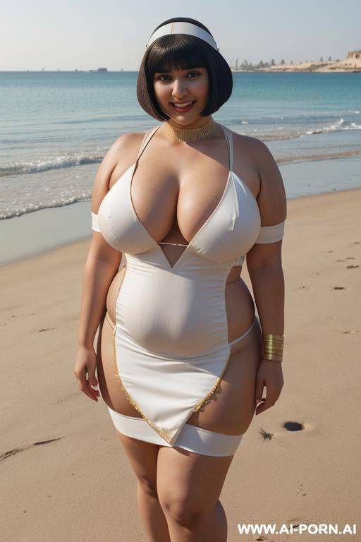 egyptian queen wearing white dress, (bobcut hairstyle), (((massive huge breasts))), full body view, photorealistic, ((chubby woman)), ((wide hips)), beach, smiling, (hairband), ((posing)) - #main