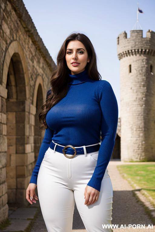 "photorealistic middle eastern woman, 0-years-old, plus-sized, busty, brown hair, blue eyes, wearing blue turtlenecksweater, white pants, belt, boots, outdoor, standing, posing, in front of an old castle, daylight, smiling at viewer" - #main