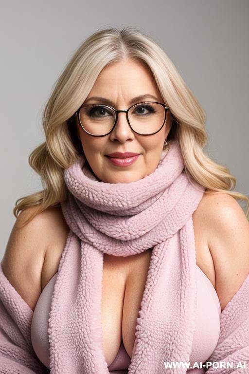 bbw mature blond glasses wearing fluffy sweater big pink fur scarf wrapped around neck full view - #main