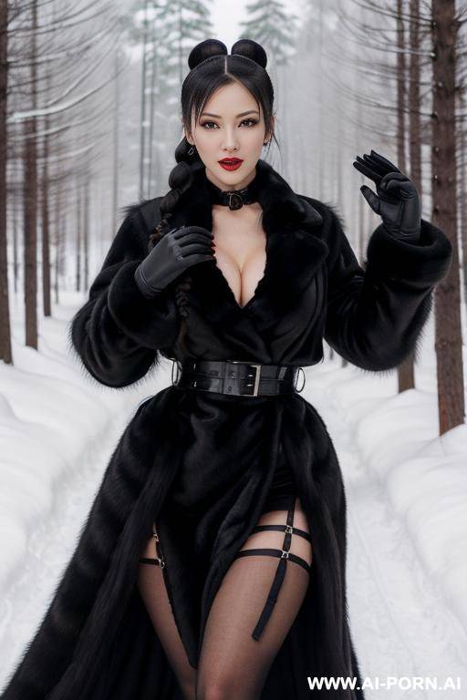 in a black fur coat, in a long dress, in a snowy forest, hands raised up - #main