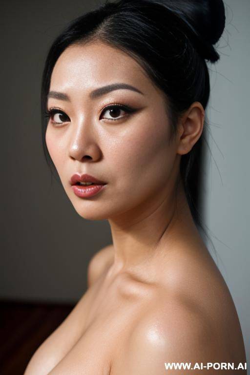 beautiful heavy makeup asian lady, bun hair, headshot, front view, face scared, breast - #main