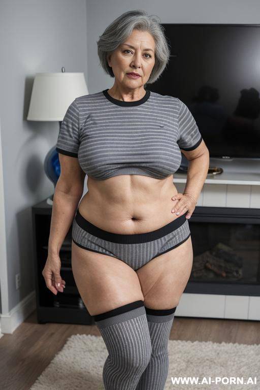 0 year old grandmother, full body, standing, lady, very visible signs of age, short gray hair, triangular hips, thick thighs, wearing a blue football shirt with black stripes, wearing long - #main