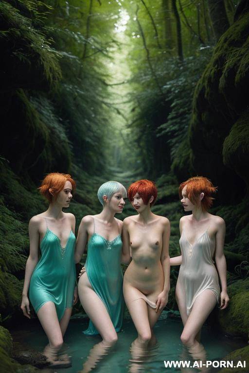 naked elf woman swimming in the forest while three other naked elf womans watch - #main