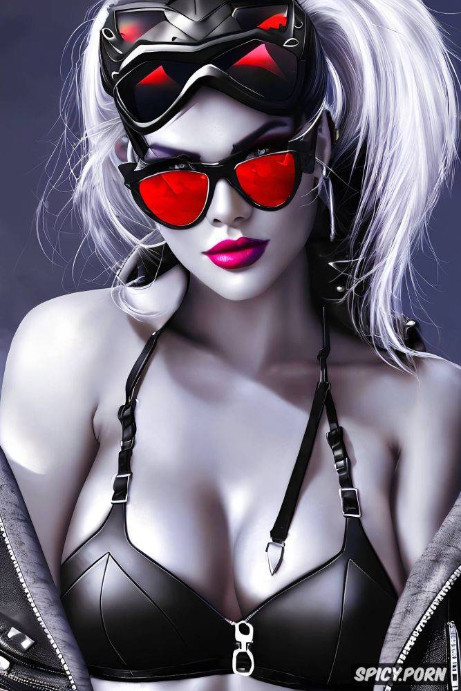 k shot on canon dslr, widowmaker overwatch black leather jacket red sports bra ripped jeans sun glasses beautiful face full lips milf full body shot - #main