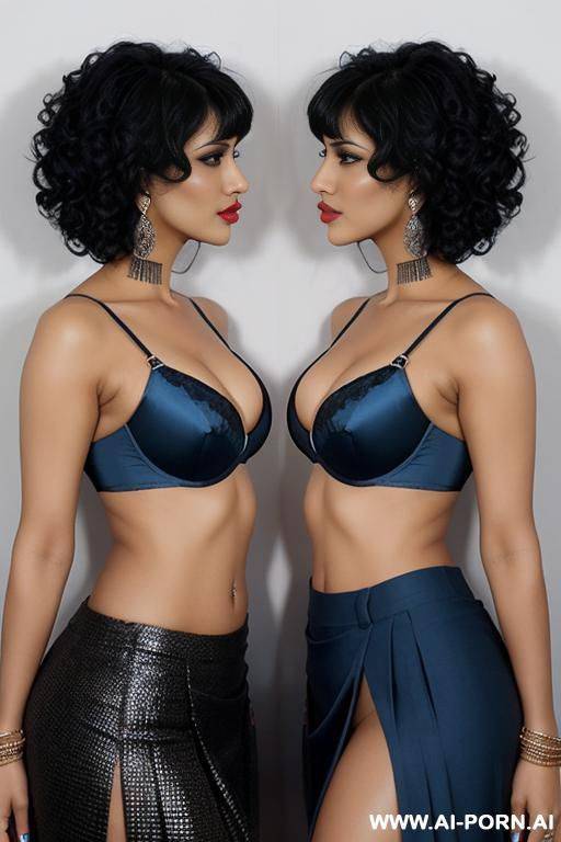 two indians, black hair, short curly hair, bangs, fit, abs, navel piercing, blue bra, blue pleated skirt, tall, full body, stiletto, side view, kissing - #main