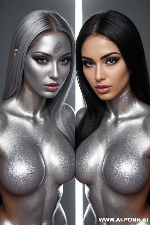 photo of multiple gorgeous brazilian bimbos completely covered in silver bodypaint - #main