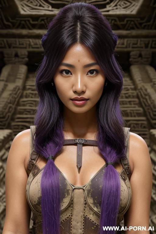 closeup, tanned skin colour, flowing hairdo, purple hair with black highlights, wild angel, - #main