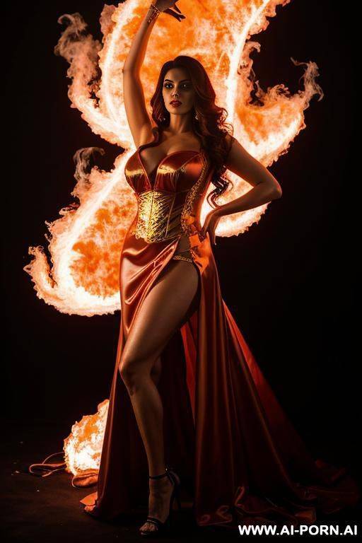 the image depicts a woman dressed in an costume standing in front of a fiery cloud background. - #main