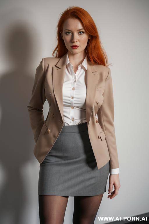 massive boobs, short twill double breasted blazer, office shirt, tie, pencil skirt, tights, scandinavian, tight stedess uniform - #main