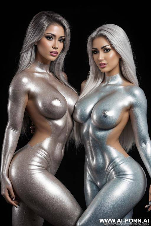 photo of multiple gorgeous brazilian bimbos completely covered in silver bodypaint - #main