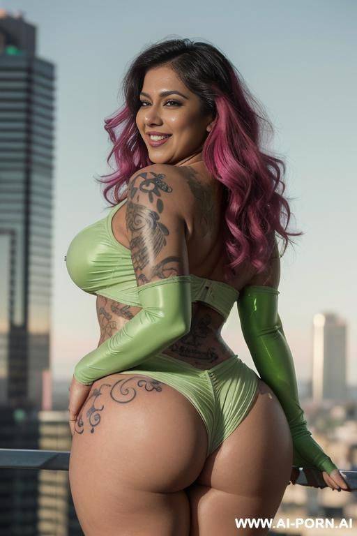 (a super sexy super hero with big boobs bent over showing her ass on top of a building in full body view), ((green & pink super hero suit)), (((very soft face and curvy hips))), k - #main