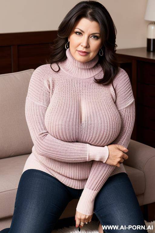 middle aged woman with huge boobs in a tight sweater on her hands and knees - #main