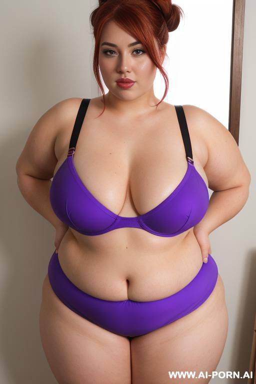 bbw woman, 20 years old, so chubby, so chubby with lovehandless and tummy, bright red hair bun, wet from sweat, saggy boobs, wearing tight single piece purple swimsuit, swimsuit has push up - #main