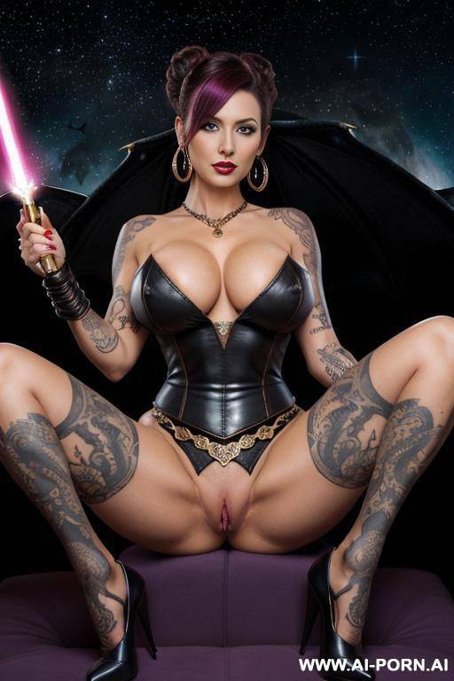 logo horror glauque asylum, hold purple lightsaber in hands , hot milf space queen, 2 space queen womans posing together, show horny pussy, spread legs, necklace, earrings, perfect rounds boobs - #main