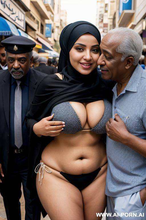 curvy arabic busty wearing hijab and bikini hugged from black grandpa in crowded street - #main