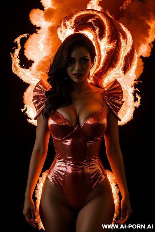 the image depicts a woman dressed in an costume standing in front of a fiery cloud background. - #main