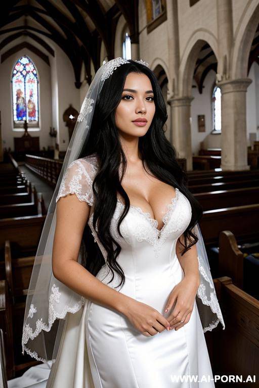 20 yeard old latina. long black hair, big tis, wearing a wedding dress with cleavage in a church - #main