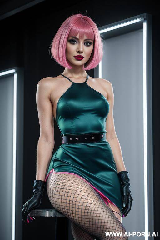 1 milf, 0 years old, realistic, hd, k, very revealing dress, complicated dress, beautiful hands, equal eyes, indoor, mature, old, green neon fishnet legging, pink neon fishnet long gloves, blue neon lipstick, dark light. - #main