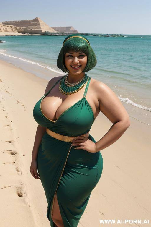 egyptian queen wearing mintgreen dress, (bobcut hairstyle), (((massive huge breasts))), full body view, photorealistic, ((chubby woman)), ((wide hips)), beach, smiling, (hairband), (showing armpit) - #main