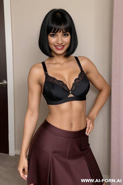 indians, black hair, short straight hair, bangs, abs, fit, navel piercing, big ass, burgundy bra, burgundy skirt, looking at camera, tall, full body - #main