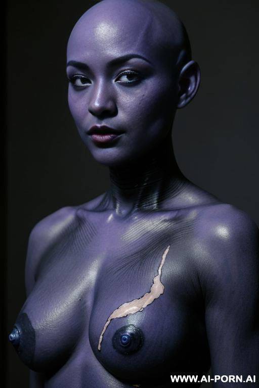 black paint covered, black painted skin, black oil covered, bald head, violet eyes, naked - #main