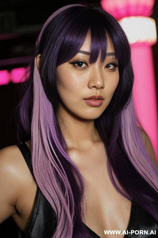 closeup, tanned skin colour, flowing hairdo, purple hair with black highlights, stalt escort, - #main