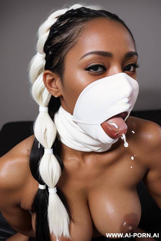 cock deep throat in mouth, face covered with white sperm, white cum dripping from tits, white cum dripping from face, black braided hair - #main