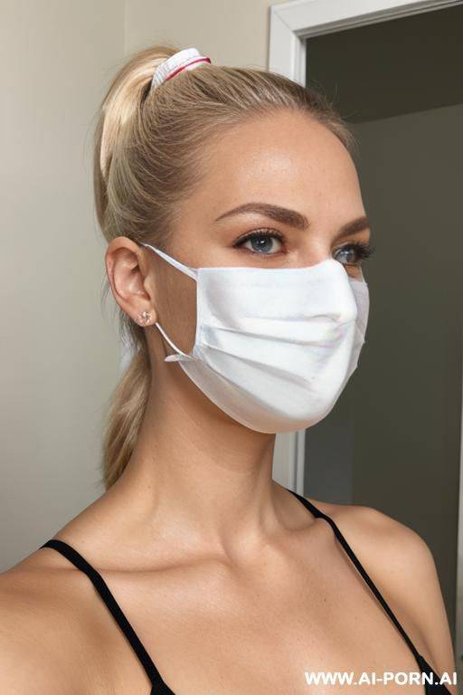 blond ponytail 20 year old woman surgical tape around her face - #main