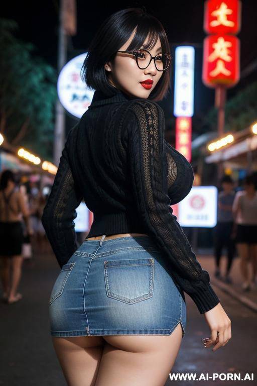 thailand, night, chinese woman ((big boobs)) short bob, glasses, walking, outdoor ((ass flash)) sweater ((ass flash)) short jean skirt, show ass ((show ass)) outdoor, thai festival - #main