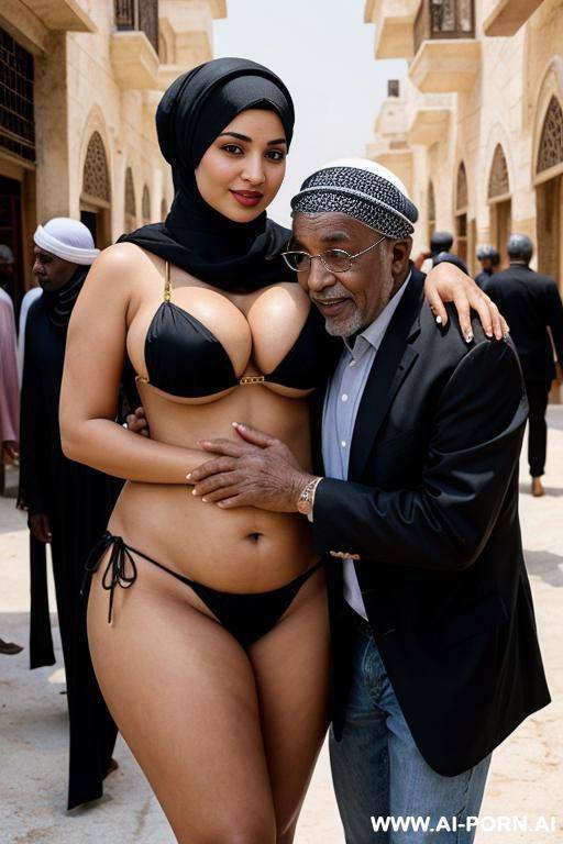 curvy arabic busty wearing hijab and bikini hugged from black grandpa in crowded street - #main