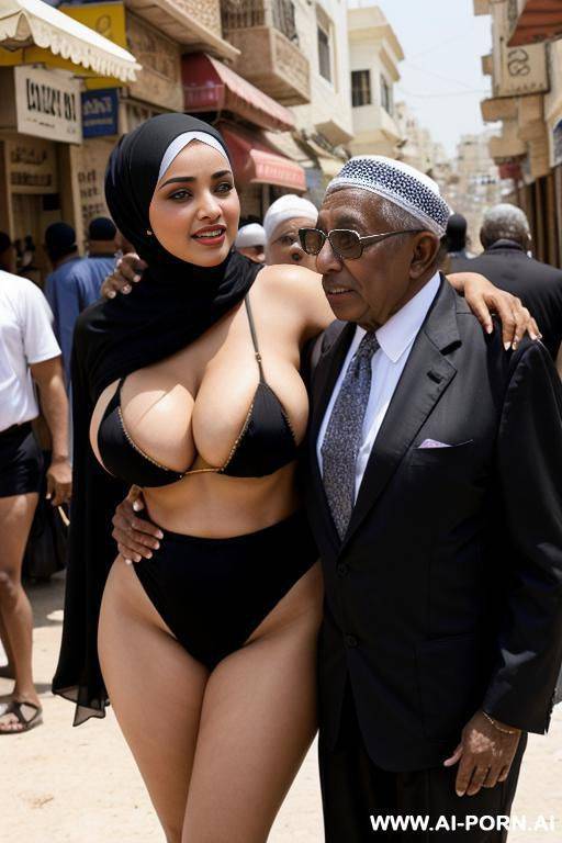 curvy arabic busty wearing hijab and bikini hugged from two black grandpas in crowded street - #main