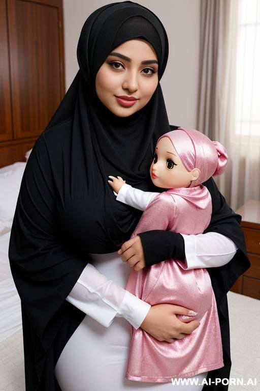 curvy arabic busty wearing hijab and colored doll hugged from black grandpa in bedroom - #main