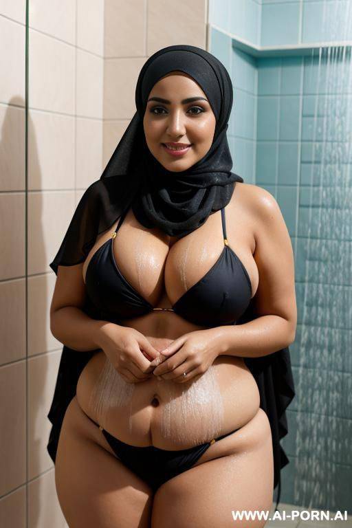 curvy arabic busty wearing hijab and colored bikini hugged from black grandpa in shower - #main