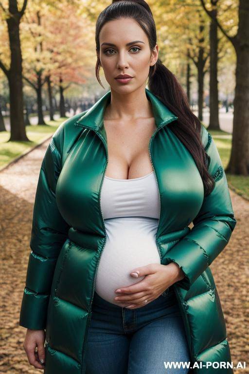 pregnant brunette in park, wearing gigantic oversized shiny green puffer coat, green t-shirt under jacket, open blue jeans, pussy visible - #main