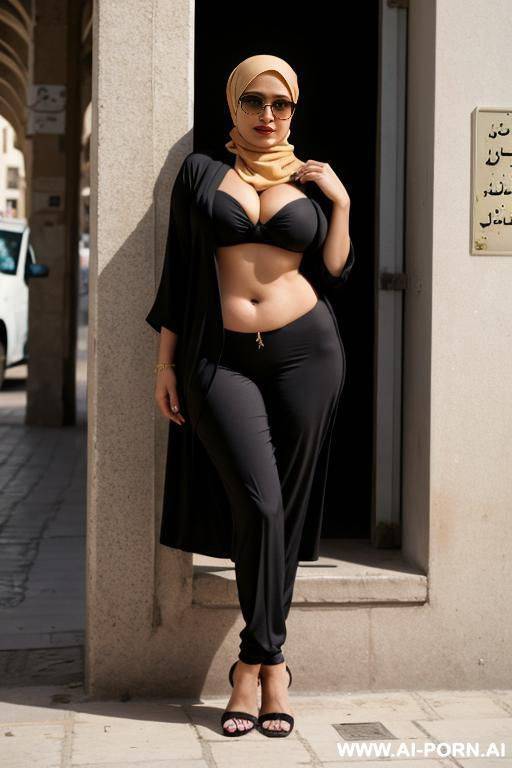 curvy arabic busty wearing hijab and bikini standing in front of old homeless man in street - #main