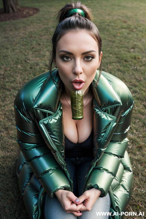 brunette in park, (((wearing gigantic oversized shiny green puffer coat))), on her knees, sucking penis,, hands on penis, penis in mouth, looking up, green t-shirt under jacket, blue jeans, penis in mouth, sucking - #main