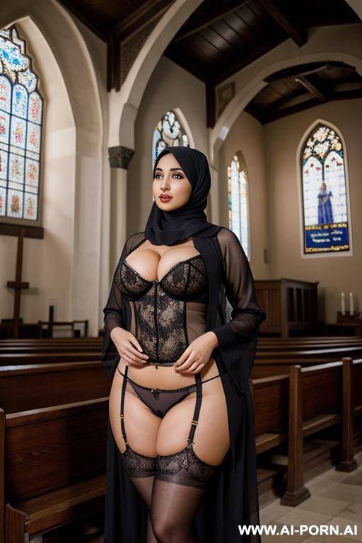 curvy arabic busty wearing hijab and colored lingerie standing beside old priest in church - #main