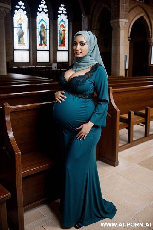 pregnant curvy arabic busty wearing hijab and colored lingerie standing beside old priest in church - #main