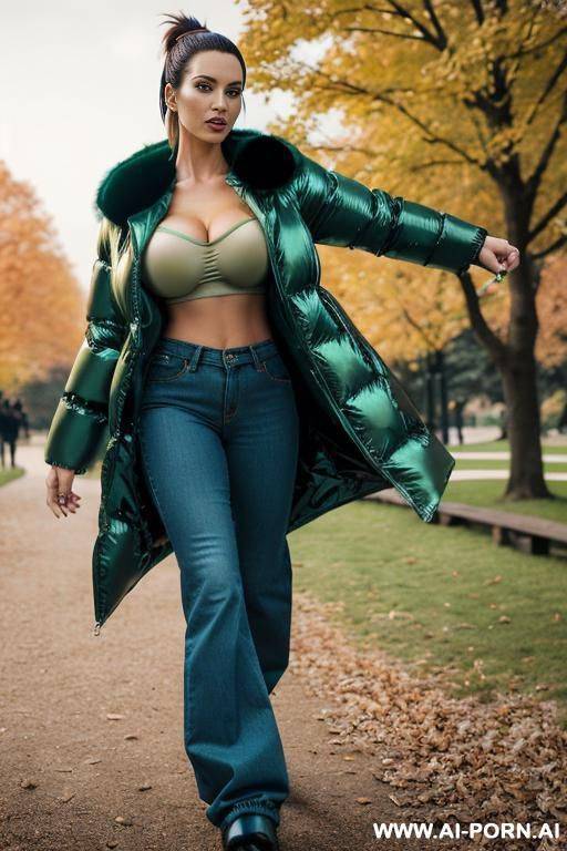 brunette in park, wearing gigantic oversized shiny green puffer coat with fur hood, green t-shirt under jacket,, blue jeans, open trousers - #main