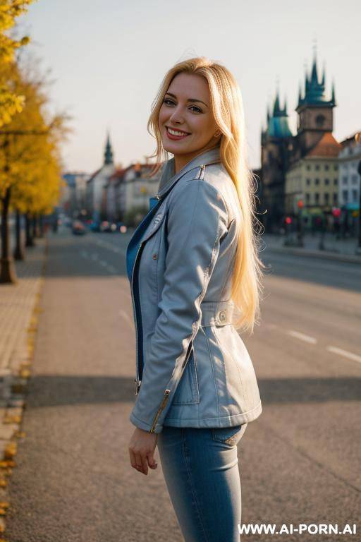 beautiful woman, czech, blonde, mid 20s, long hair, plaza, natural boobs, natural big ass, czech city in background, light blue jacket, white jeans - #main