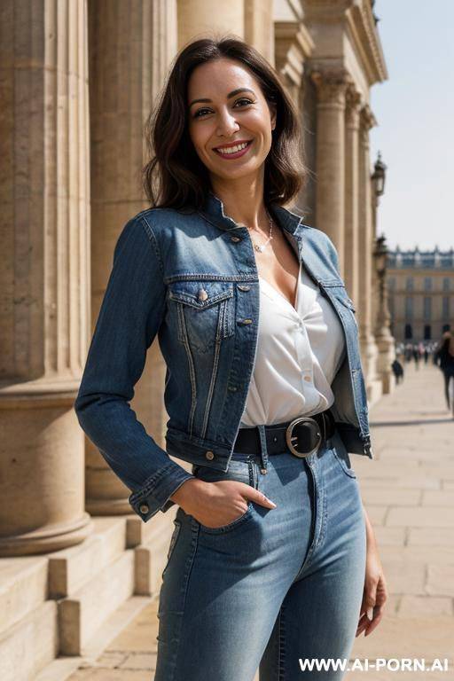 denim jacket, white blouse, belt, denim jean, high heels, posing in front of versailles - #main