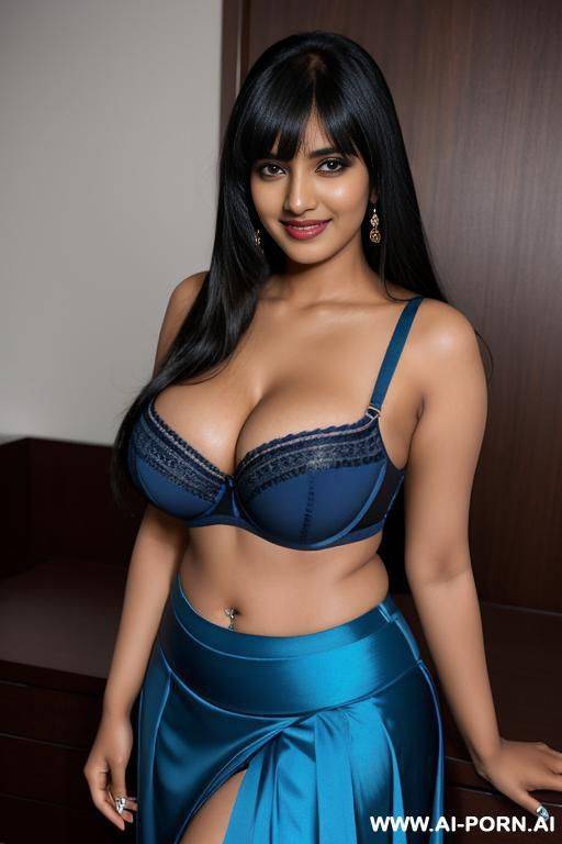 indian woman, 20 years, long straight hair, black hair, bangs, voluptuous, natural boobs, naval piercing, blue bra, blue skirt, standing, seductive smile, looking at camera, garter, heels - #main