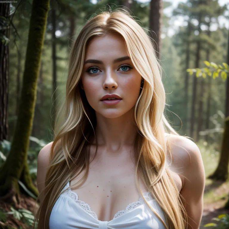 ,white people,woman,twenties,(RAW photo, best quality, masterpiece:1.1), (realistic, photo-realistic:1.2), ultra-detailed, ultra high res, physically-based rendering,long hair,messy hair,blonde hair,blue eyes,perfect body,forest,(adult:1.5) - #main