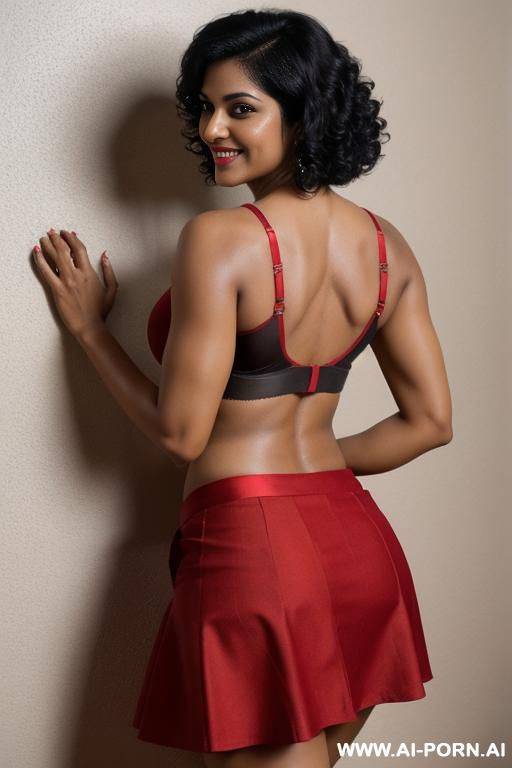 indian woman, 30 years, black hair, short curly hair, fit, muscles, natural boobs, red bra, red skirt, navel piercing, standing against wall, seductive smile, looking at camera, back view, full body shot, heels - #main
